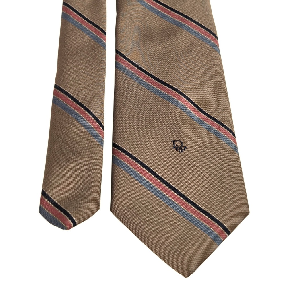 Vtg Christian Dior Tie Mens‎ Tan Blue Pink Striped Silk Blend Woven Italy Logo